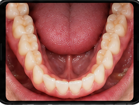 Phone tilted down to show lower teeth